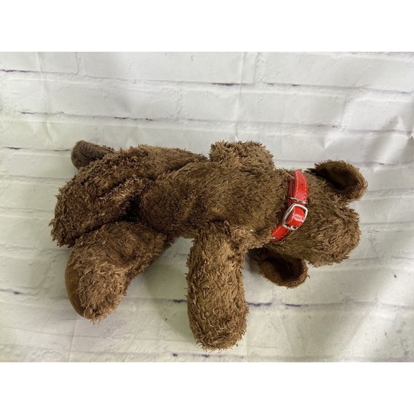 Aurora Dog Puppy Laying Brown Furry Stuffed Animal Plush Toy Red Collar - Picture 4 of 7